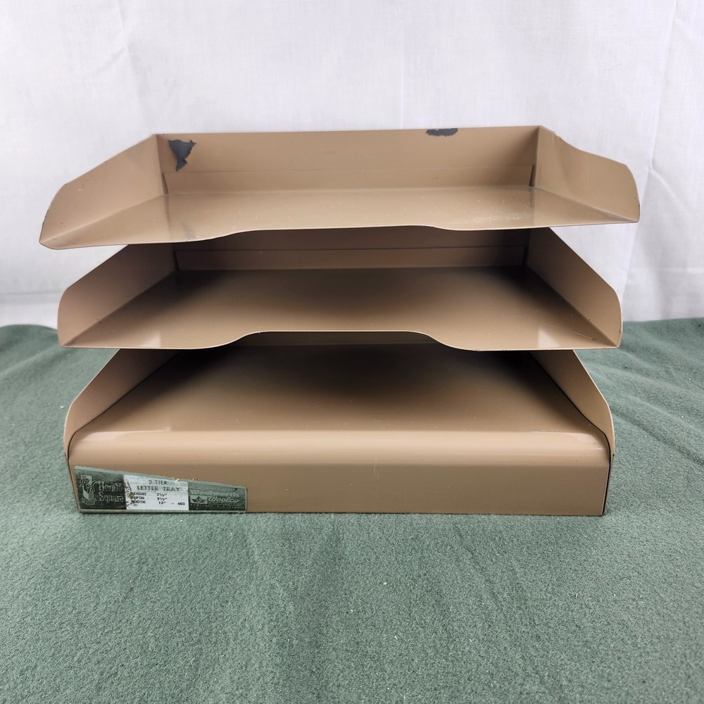Vintage METAL Desktop File Tray 3 Tier Herald Square 9.5" X 7.5" X 12" Woolworth